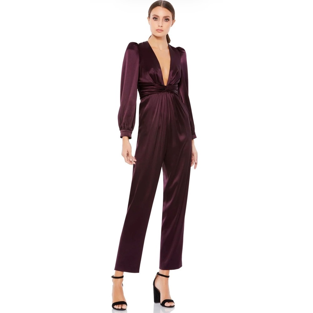 Ieena for Mac Duggal Plum Purple Satin V-Neck Long Sleeve Jumpsuit Size 4